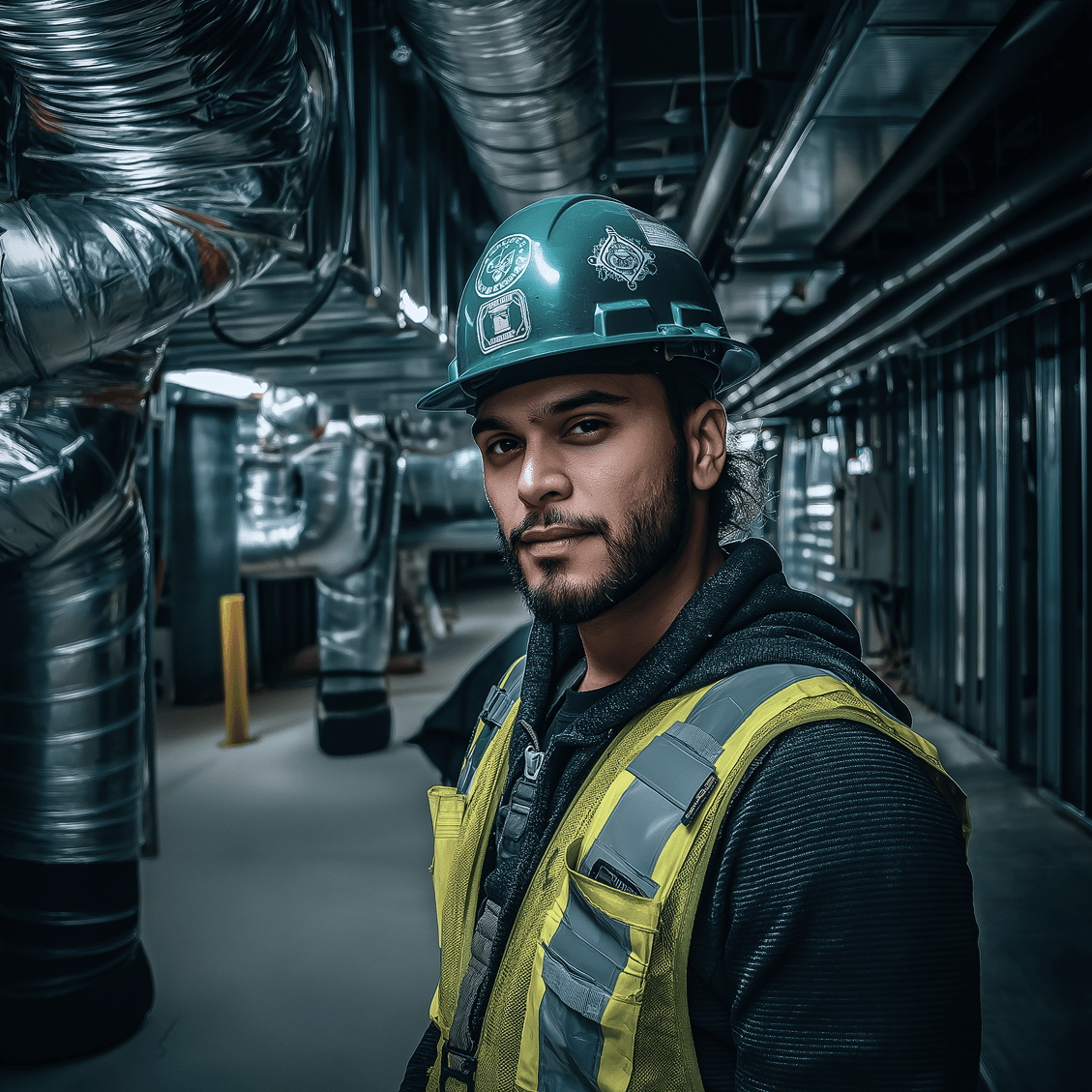 HVAC technician standing in a mechanical room beneath insulated ductwork